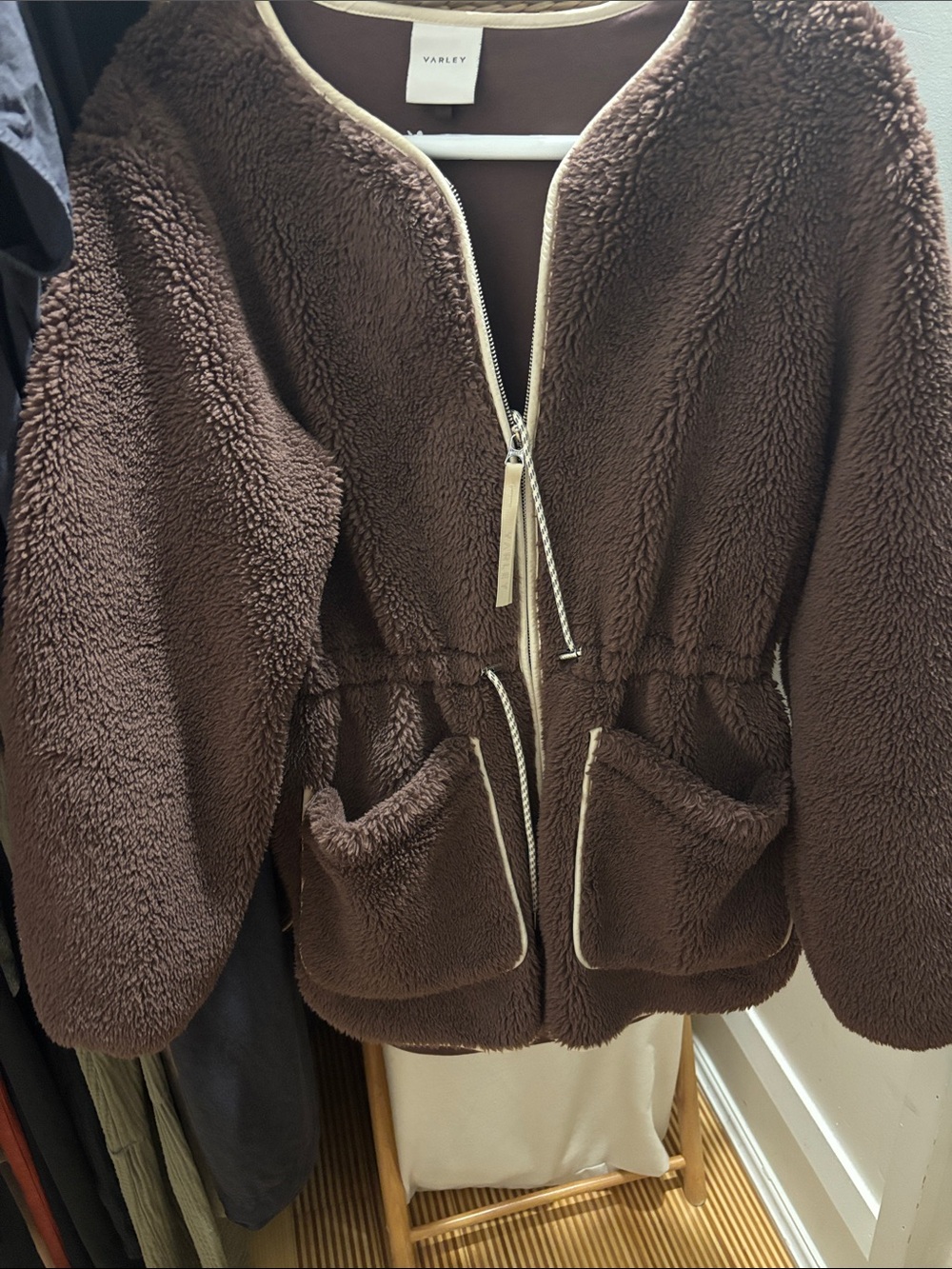 Varley Chocolate Brown Teddy Sherpa Zip Jacket with Cream Trim